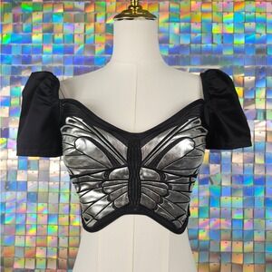 Dollskill Current Mood Silver Cyber Butterfly Crop Top Women Small NWT